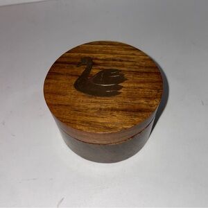 Vintage Wood Turned Trinket Box With Brass Swan Inlay on Lid Jewelry Box 2"